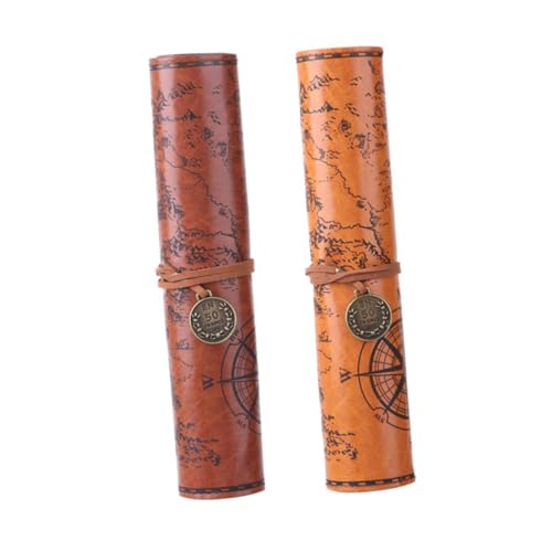 Gatuida 2 Stück Vintage PU Leder Federmäppchen Großes Roll up Federmäppchen mit Kreativem Schatzkarten Design Robuste Stifttasche für Zeichenstifte und Make up Praktisch und von Gatuida
