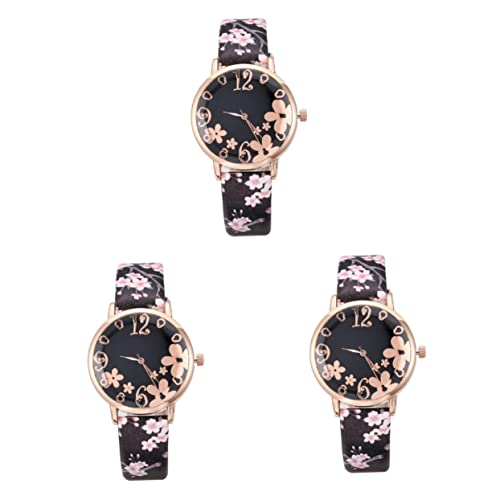 Gatuida 3stücke Elegante Damen-Armbanduhr Mit Pflaumenblütenmuster Modische Quarzuhr Mit Pu-Armband Für Stilbewusste Frauen Robuste Und Komfortable Freizeit-Uhr von Gatuida