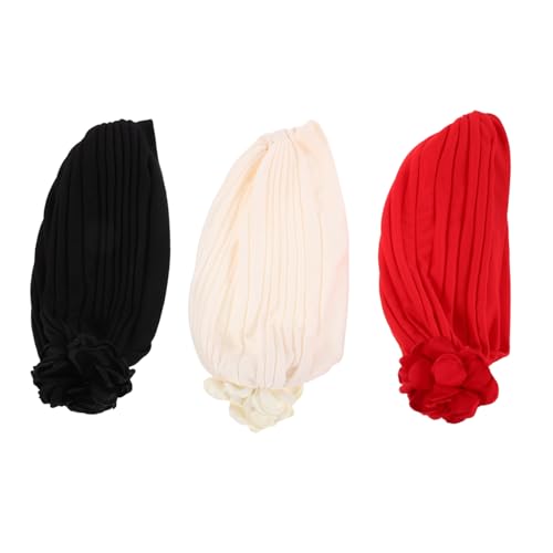 Gatuida 3 Stück Damen Blumen Turban Mütze Elastisches Kopftuch mit Ethno Blumenmuster Frühling Schwarz Rot Creme für Haarverlust und Alltag von Gatuida