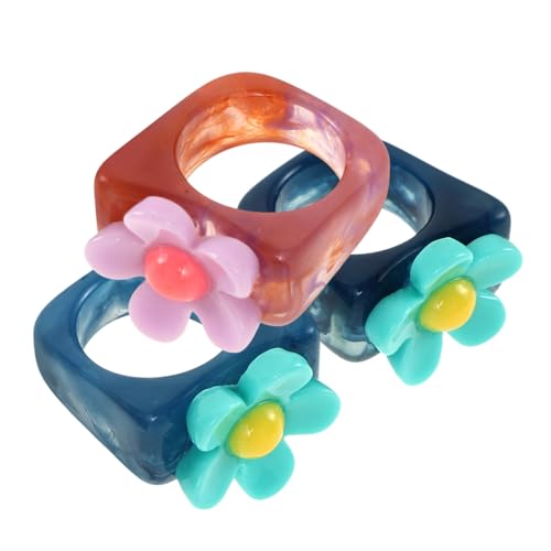 Gatuida 3 Stück Teiliges Vintage Resin Ringe mit Blume Zarte Damen Fingerringe in und Blau Verspielter Schmuck mit Funkelnden Strasssteinen Accessoires für Mädchen und Frauen von Gatuida