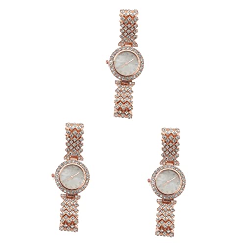 Gatuida 3 Stücke Weiblicher Edelstahl Diamant Zart Mit Legierung Kleid Armbanduhr Uhren Bling Beständige Mädchen Kristall Damen Roségold Bewegung Armband von Gatuida