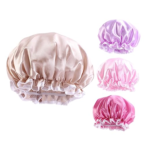 Gatuida 4 Stück Duschhauben aus Doppellagigem Satin Wasserfest Elastisch Atmungsaktiv Dicke Badekappen für Damen und Herren Wiederverwendbar Geeignet für Duschen Spa und von Gatuida