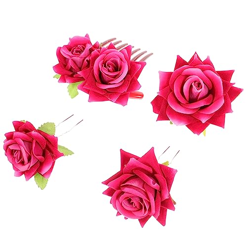 Gatuida 4 Stück Simulierte Rose Haarnadel Brosche Haarschmuck Corsage Dual-purpose Schmuck Kopfschmuck Schmuck Braut Hochzeit Kopfschmuck (rosenrotes Set) Kleine Kopfschmucknadeln von Gatuida