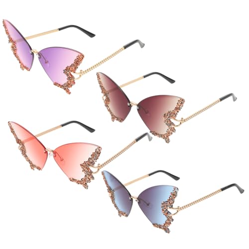 Gatuida 4 Stück Retro Schmetterlingssonnenbrillen mit Funkelnden Strasssteinen Rahmenloses Design Modisch Leicht Glamourös für Damen für Outdoor-events Urlaub und Fotoshootings von Gatuida