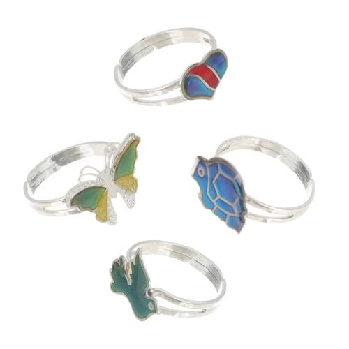 Gatuida 4 Stück Teiliges Verstellbares Farbwechsel Stimmungsring für Mädchen Cartoon Tiermotive Finger Schmuck Kreative Temperatur Farbänderung Öffnung Ringe Zufällige Zufällige Farbe von Gatuida