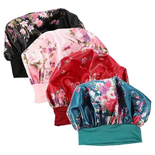 Gatuida 4 Stücke Satin Schlafhaube für Damen Elastische Haarhaube Atmungsaktive Duschhaube für Locken Komfortable Schlafmütze Haarkappe zum Schutz Frisur von Gatuida