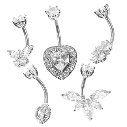 Gatuida 5 Stück Teiliges Bauchnabelpiercing mit Zirkonia Kleine Leichte Bauchnabelringe in Herz Schmetterling und Blumenform Piercing Schmuck für Damen als Rhinestone Belly Ring von Gatuida