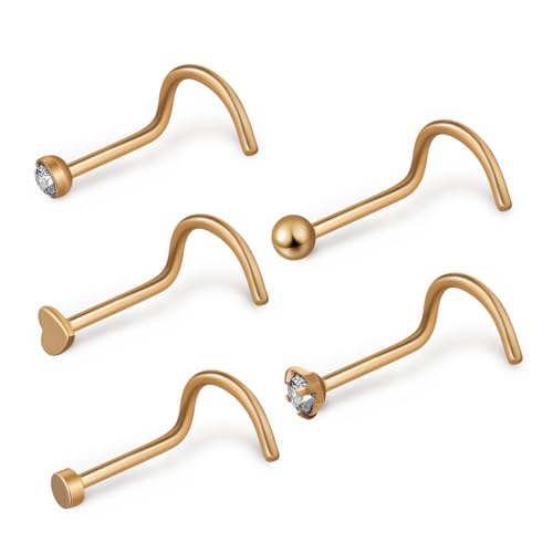 Gatuida 5 Stück Teiliges Nasenpiercing Gold Korkenzieher Nasenringe aus Form Nasenstecker Sicherer Sitz Komfortabel für Damen Minimalistischer Schmuck von Gatuida