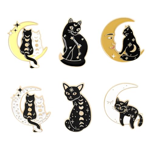 Gatuida 6 Stück Teiliges Cartoon Broschen aus Langlebiger mit Schwarzer Katzen und Mondmuster Anstecknadeln Dekorative Accessoires für Kleidung Taschen Hochzeiten Partys und Alltag von Gatuida
