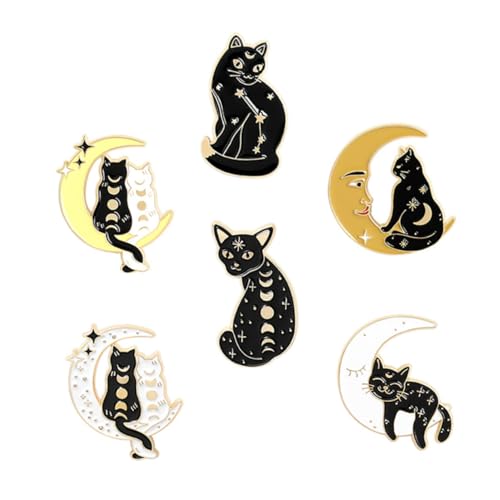 Gatuida 6 Stück Teiliges Cartoon Tier Broschen aus Langlebiger Niedliche Schwarze Katzen und Monddesigns Vielseitige Modeaccessoires für Kleidung Taschen Hüte und Besondere Anlässe von Gatuida