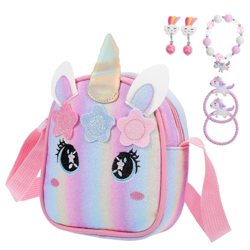Gatuida Cartoon Einhorn Umhängetasche mit Reißverschluss PU Material Verstellbarer Schultergurt Teiliges Set mit Süßem Armband für Mädchen Vielseitige Kindertasche für von Gatuida