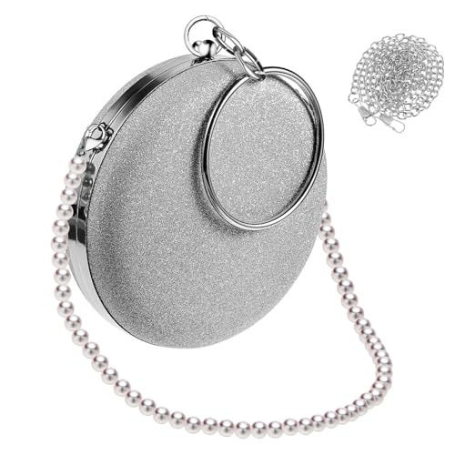 Gatuida Damen Abendtasche Clutch Rund mit Abnehmbarer Perlenkette und Metallkette Kleine Partytasche für Hochzeit und Cocktail mit Weißer Perlenkette Vielseitige Handtasche für Besondere von Gatuida