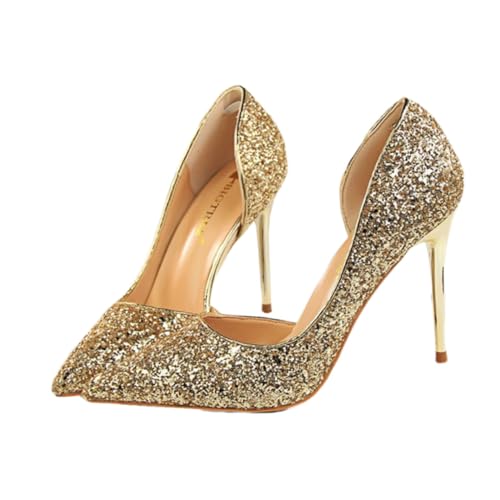 Gatuida Damen High Heel Schuhe mit Schmalem Absatz Spitz Zulaufend Goldene Pailletten Flacher Schnitt Atmungsaktive Seitenöffnung Komfortabel und Modisch für Party Bankett und Nachtclub von Gatuida