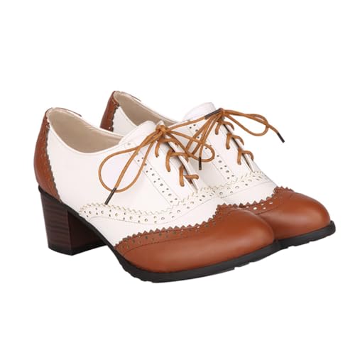 Gatuida Damen High Heels Schnürschuhe Blockabsatz Schuhe Atmungsaktiv Komfortabel Modisch Braun von Gatuida