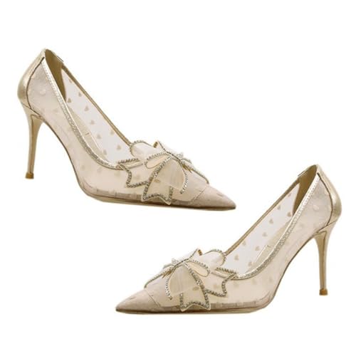 Gatuida Damen High Heels mit Spitzem Zehenbereich und Glitzerndem Netzstoff Stabiler Absatz Schleife Atmungsaktiv für Frühling und Sommer Komfortabel und Rutschfest Vielseitig von Gatuida