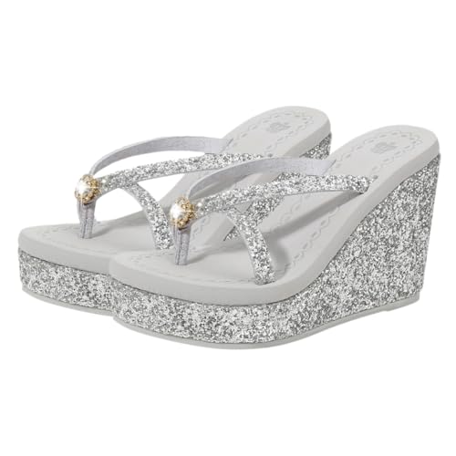 Gatuida Damen High heel Sandaletten mit Glitzersteinen Modische Sommer Sandalen Rutschfeste Atmungsaktive Zehentrenner Elegant für Freizeit Strand und Alltag Silber von Gatuida