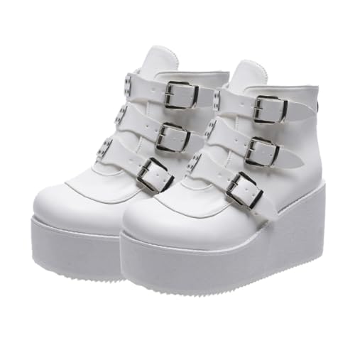 Gatuida Damen Kurzstiefel mit Dickem Blockabsatz Runde Zehen PU Retro Design Low Boots und Vielseitig für Büro Party Hochzeit Jahreszeiten Weiß von Gatuida