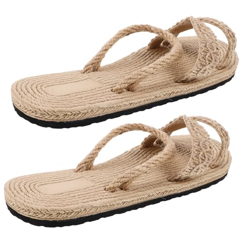 Gatuida Damen Sandalen Sommer Flach Natürliche Imitation Strohwaren Woven Sandals Strand Schuhe Bequeme Leichte Pantoletten für Alltag und Urlaub Beige von Gatuida