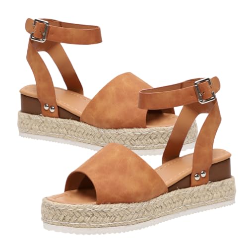 Gatuida Damen Sandalen mit Dicker Sohle Geflochtene Strohsandalen Plateau sommerschuhe Braun US Modisch Langlebig Einfach Anzuziehen für Strand und Freizeit von Gatuida