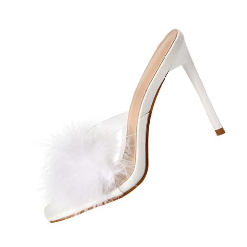 Gatuida Damen Sandalen mit Dünnem Absatz Quadratische Zehenform Flauschige Dekoration Transparente Sommer slipper Leicht und Angenehm Modisch für Alltag und von Gatuida