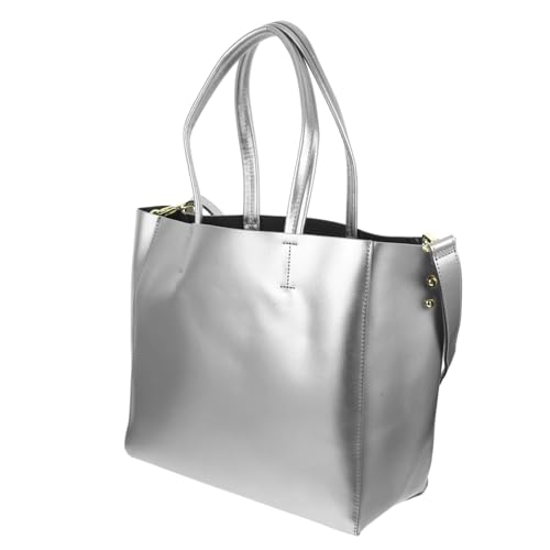 Gatuida Damen Schultertasche aus Robustem Spaltleder Große Tote Bag mit Kleiner Kosmetiktasche Modische Handtasche für Alltag und Büro Silber von Gatuida
