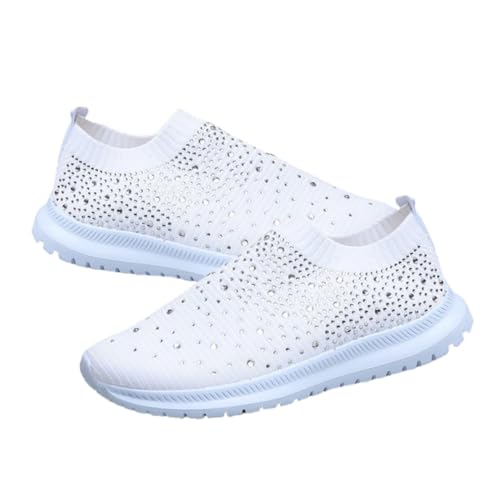 Gatuida Damen Sportschuhe Netzstoff mit Strassverzierung Atmungsaktive Leichte Freizeitschuhe mit Rutschfester Sohle Angenehm für Alltag Sport und Reisen Weiß von Gatuida