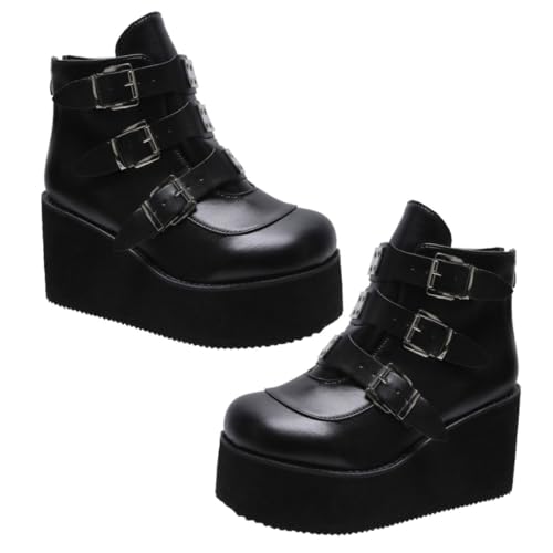 Gatuida Damen Stiefeletten mit Dickem Absatz Runde Zehen Halbhohe PU Boots für Jahreszeiten Bequeme Low Boots Vielseitige Schuhe für Frauen Schwarz von Gatuida