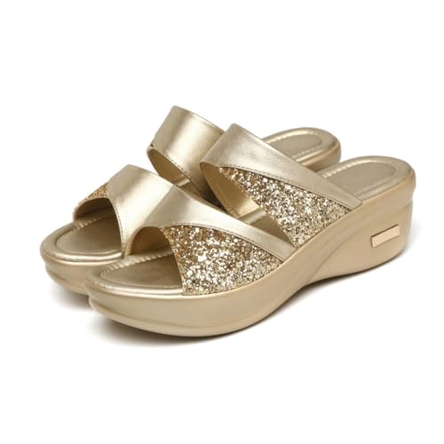 Gatuida Damen Wedgesandalen Sommer Gold mit Dicker Keilsohle Schickem Fischmaul design Komfortabel Langlebig Einfach Anzuziehen Casual und Strand Geeignet Modische Pantoletten von Gatuida