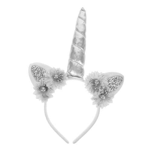 Gatuida Einhorn Haarreif mit Silber Grauen Blumen Flexibler Stirnband für Mädchen Party Accessoire für Geburtstag Kostümfest und Bühnenauftritte und Farbecht von Gatuida