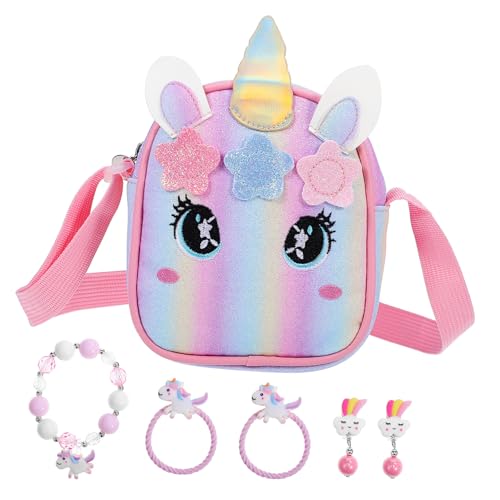 Gatuida Einhorn Umhängetasche für Mädchen Kleine Regenbogen Zipper Bag mit Verstellbarem Gurt PU Material Niedliche Stickerei Inklusive Einhorn Schmuckset Geschenk für Ab Jahren von Gatuida