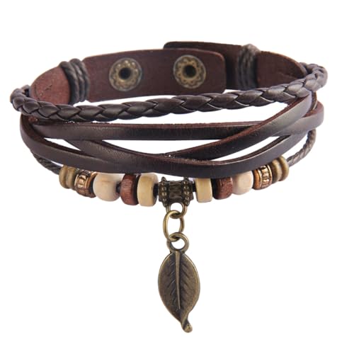 Gatuida Elegantes Vintage Armband aus Echtem Kuhleder Handgeflochtenes Langlebiges Schmuckstück für Damen und Herren Modisches Freizeitarmband mit Boho Blattanhänger in Braun Tägliches von Gatuida