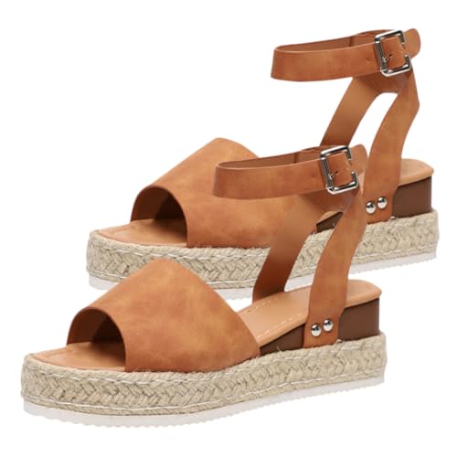 Gatuida Flange Sandalen Damen Sommer Schuhe Geflochtene Strohsandalen mit Dicker Sohle Braun Atmungsaktiv Strapazierfähig Modisch für Strand und Freizeit von Gatuida