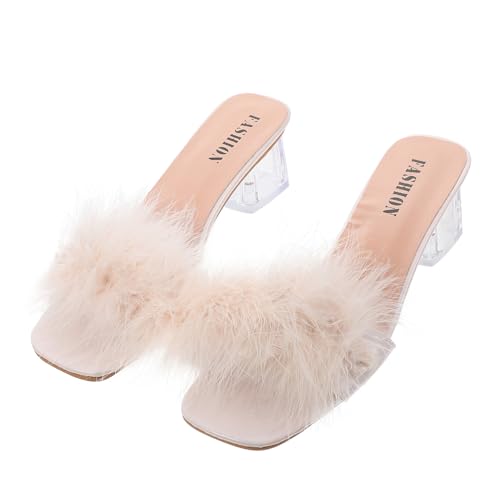 Gatuida Flauschige Damen Sandalen mit Klarem Blockabsatz Sommerliche Hausschuhe mit Weichem Fußbett Modische Slippers für Alltag Party und Freizeit Bequeme Leichte Schuhe in Beige Gatuida Flauschige Damen Sandalen mit Klarem Blockabsatz Sommerliche Hausschuhe mit Weichem Fußbett Modische Slippers für Alltag Party und Freizeit Bequeme Leichte Schuhe in Beige von Gatuida
