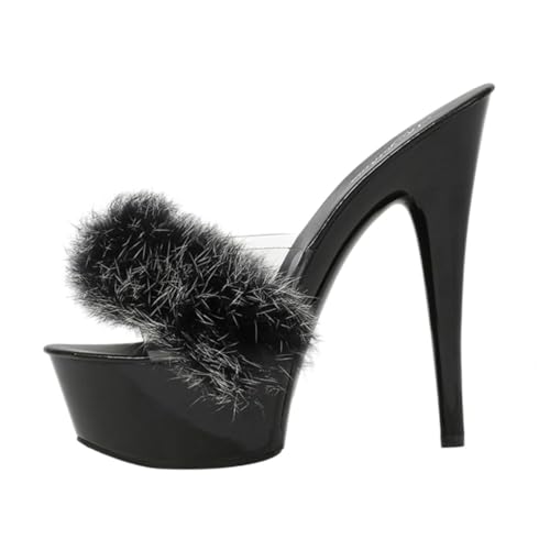 Gatuida Fluffige High Heel Sandalen Damen Sommer Leichtgewichtige Stilvolle Sandals Schwarze Modische Absatzschuhe Attraktive Party Schuhe von Gatuida