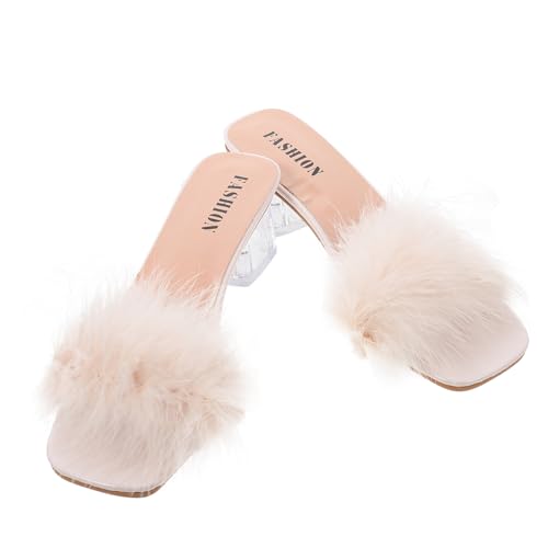 Gatuida Fluffy Hausschuhe Damen Sommer Sandalen mit Klobigem Kristallabsatz Weiche Leichte Slippers für Party Arbeit Alltag Rutschfest Modisch Kombinierbar zu Kleidern und Jeans Beige von Gatuida