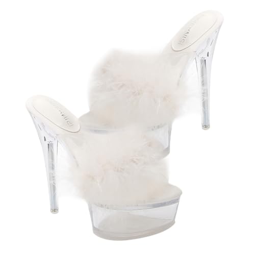 Gatuida Fluffy High Heel Slippers Damen Sommer Sandalen mit Dünnem Absatz Transparent Modisch Leicht Anzuziehen für Alltag und Party Weiß von Gatuida