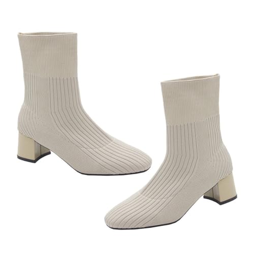 Gatuida Herbst Damen Gestrickte Stiefeletten mit Quadratischer Spitze und Stabilem Blockabsatz Bequeme Modische Knöchelhohe Boots für Alltag und Vielseitige Anlässe Beige von Gatuida