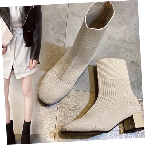 Gatuida Herbst Damen Stiefeletten mit Dickem Absatz Gestrickte Boots mit Eckiger Spitze Modische Bequeme Wadenstiefel für Frauen Robuste Gewebte Materialien Stabiler Blockabsatz von Gatuida