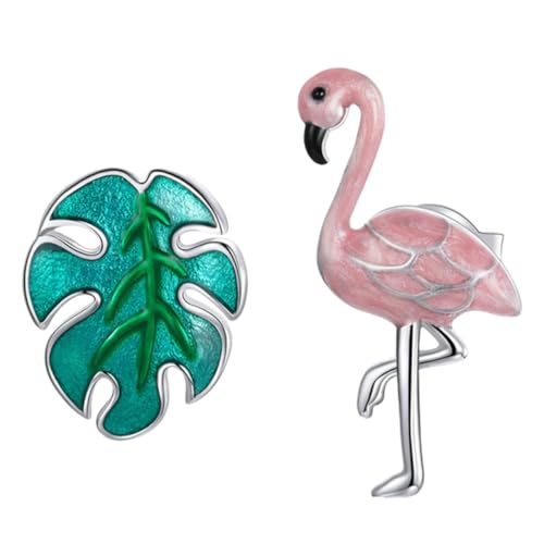 Gatuida Sterling Silber Ohrstecker Damen Asymmetrische Baumblatt und Flamingo Design Ohrschmuck für Frauen Modisch und von Gatuida