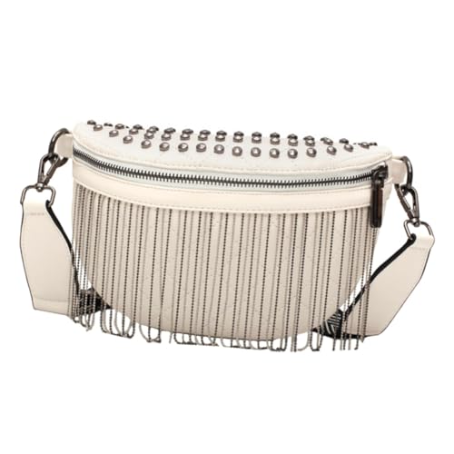 Gatuida Stylische Damen Umhängetasche mit Nieten und Quasten Verstellbarer Breiter Gurt Vielseitige Crossbody Bauchtasche für Shopping Reisen und Alltag Weiße Modische Brusttasche von Gatuida