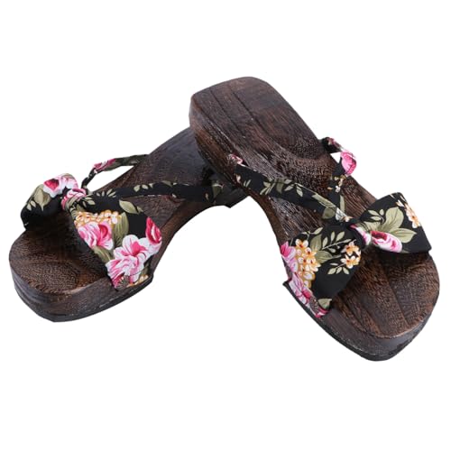 Gatuida Traditionelle Chinesische Holzclogs Damen Sandalen Flach Rutschfest Atmungsaktiv Sommerliche Hausschuhe mit Weichem Fußbett und Doppelriemen in Schwarz Geeignet für Indoor und von Gatuida