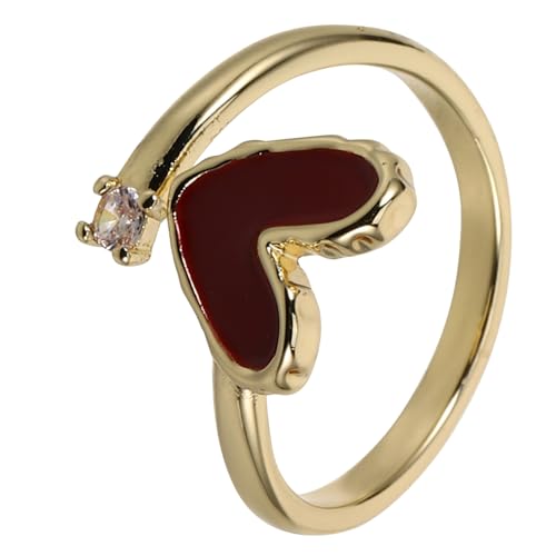 Gatuida Verstellbarer Damenring mit Offenem Design Funkelndem Zirkonia und Weinrotem Emaille Herz Modischer Schmuck für Zeigefinger Geeignet für Weihnachten Jubiläen und Besondere Anlässe von Gatuida