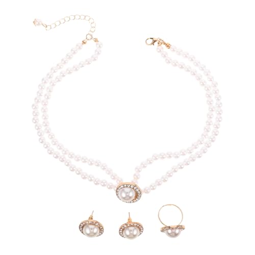 Gatuida Vintage Perlen Schmuckset Damen Set Imitation Perlen Halskette Ohrringe Ring mit Strass Brautschmuck für Hochzeit Party Büro von Gatuida