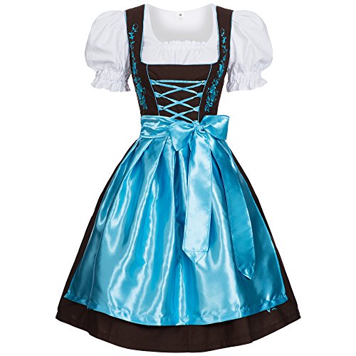 Gaudi-Leathers Damen Dirndl Kleid Dirndlkleid Trachtenkleid Midi mit Stickerei Braun Hellblau 36 von Gaudi-Leathers