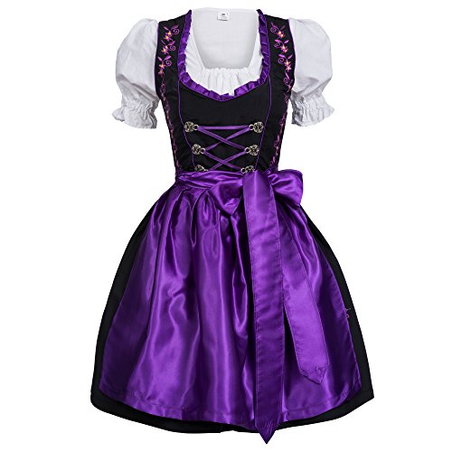 Iseaa Damen Dirndl Kleid Dirndlkleid Trachtenkleid Midi Schwarz Hakenverschluß lila 42 von Iseaa