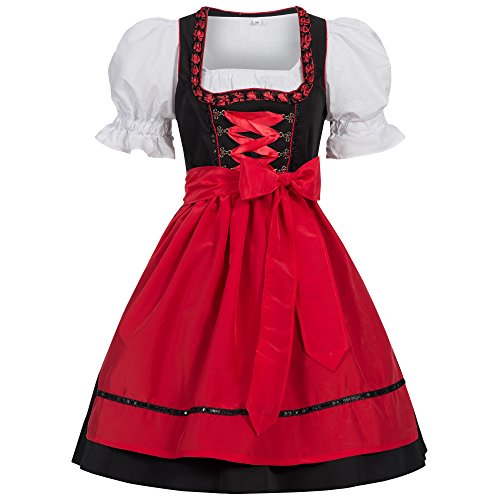 Gaudi-Leathers Damen Dirndl Kleid Dirndlkleid Trachtenkleid Midi Ilona Schwarz Rot 34 von Gaudi-Leathers