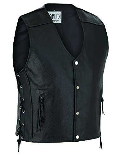 Gaudi-Leathers Herren Motorrad Lederweste Bikerweste Motorradweste Weste Kutte mit Schnürung, E600- Gr. 4XL (58), Schwarz von Gaudi-Leathers