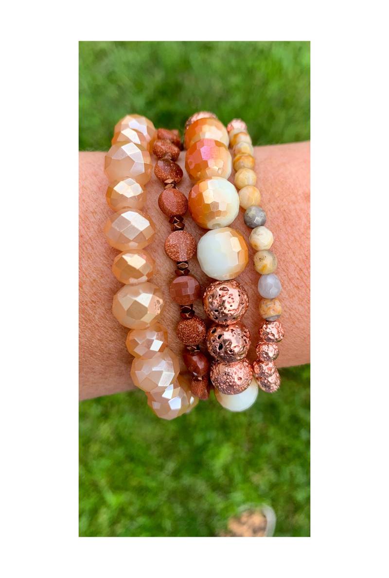 Rose Gold Braun Sandstein Lava Perlen Edelstein Armband Stapel, 4 Stretch Stapelbare Armbänder, Damen Stack Geschenk-Set von GaudiDazzles