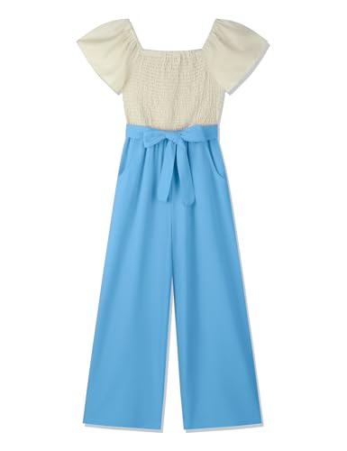 Gaupafmb Mädchen-Jumpsuits & Strampler mit weitem Bein und Gürtel, elastisch, quadratischer Ausschnitt, Flügelärmel, Mädchen-Strampler Größe 7-14, Blau, 9-10 Jahre von Gaupafmb