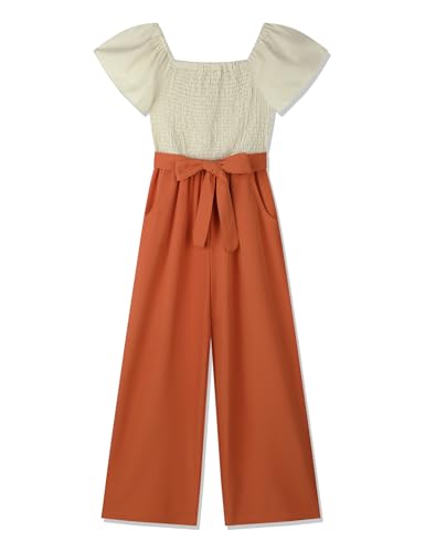 Gaupafmb Mädchen-Jumpsuits & Strampler mit weitem Bein und Gürtel, elastisch, quadratischer Ausschnitt, Flügelärmel, Mädchen-Strampler Größe 7-14, Orange/Abendrot im Zickzackmuster (Sunset Chevron), von Gaupafmb